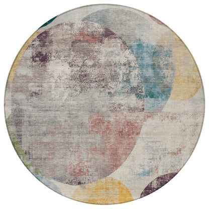 8' Beige Teal Blue And Gold Round Geometric Washable Indoor Outdoor Area Rug HomeRoots