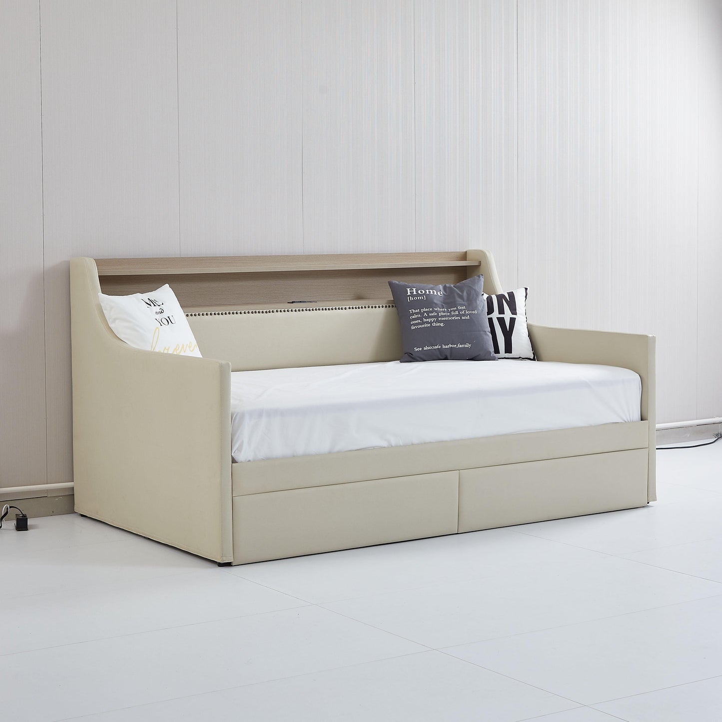 Twin Size Daybed with Storage Drawers Upholstered Daybed with Charging Station and LED Lights Beige - FurniFindUSA