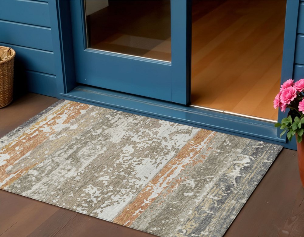 3' X 5' Taupe Copper And Ivory Striped Washable Indoor Outdoor Area Rug HomeRoots