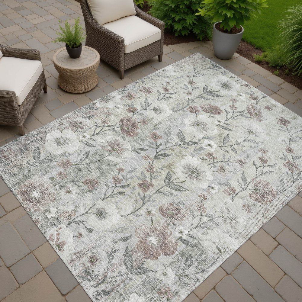 8' X 10' Beige Sage And Brown Floral Washable Indoor Outdoor Area Rug HomeRoots