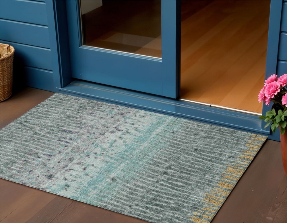 3' X 5' Teal Blue Gold And Gray Abstract Washable Indoor Outdoor Area Rug HomeRoots