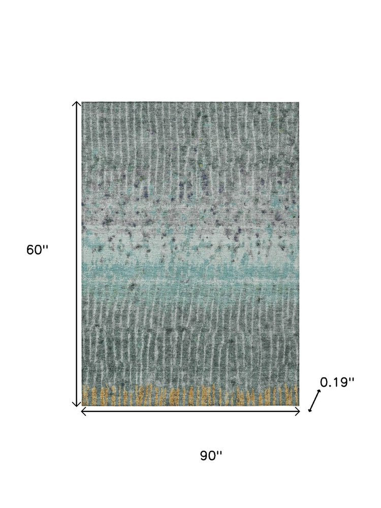 5' X 8' Teal Blue Gold And Gray Abstract Washable Indoor Outdoor Area Rug HomeRoots