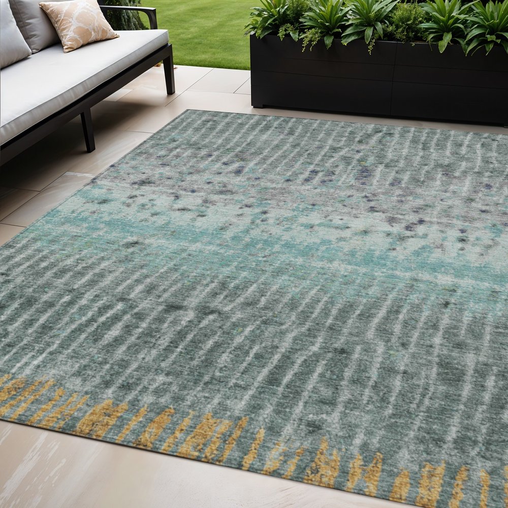 5' X 8' Teal Blue Gold And Gray Abstract Washable Indoor Outdoor Area Rug HomeRoots