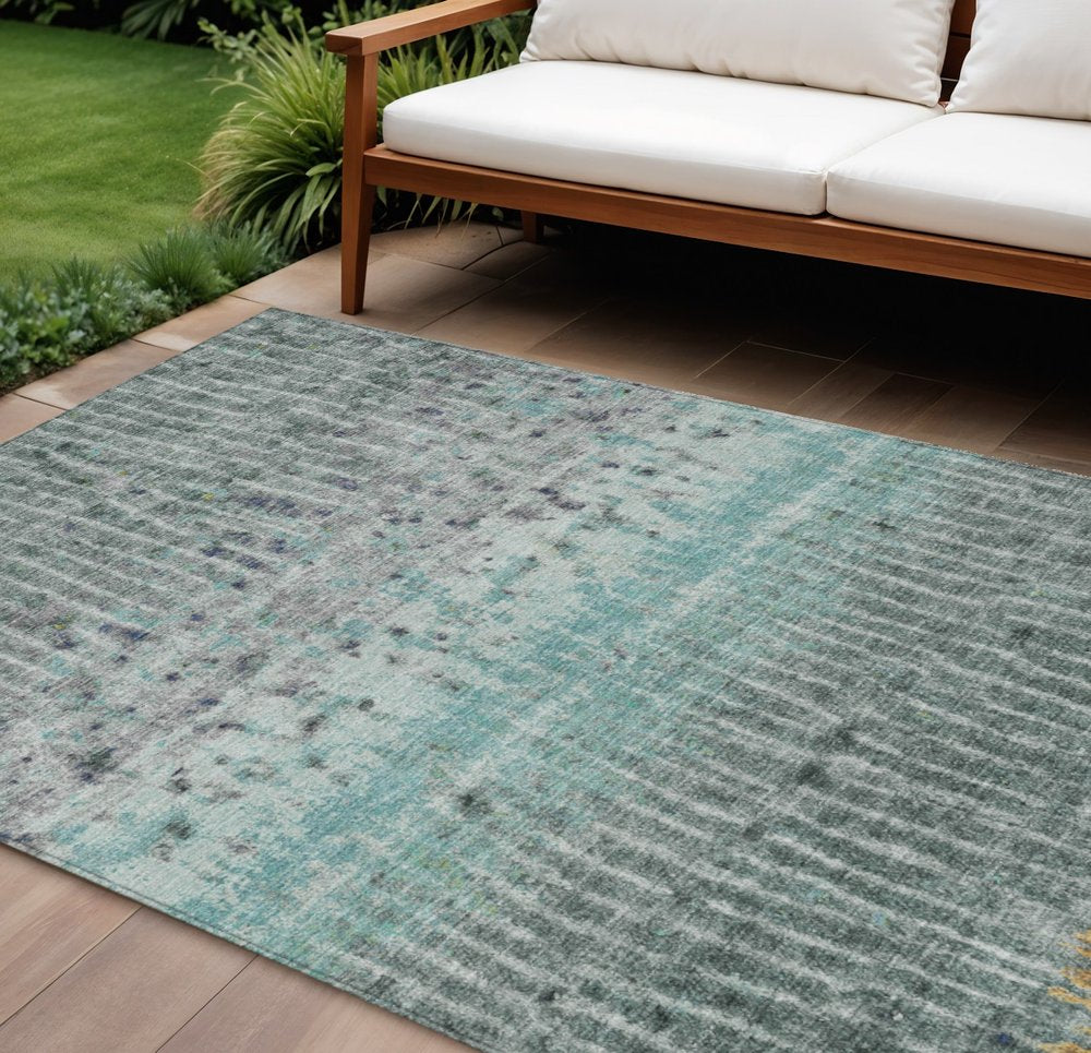 8' X 10' Teal Blue Gold And Gray Abstract Washable Indoor Outdoor Area Rug HomeRoots