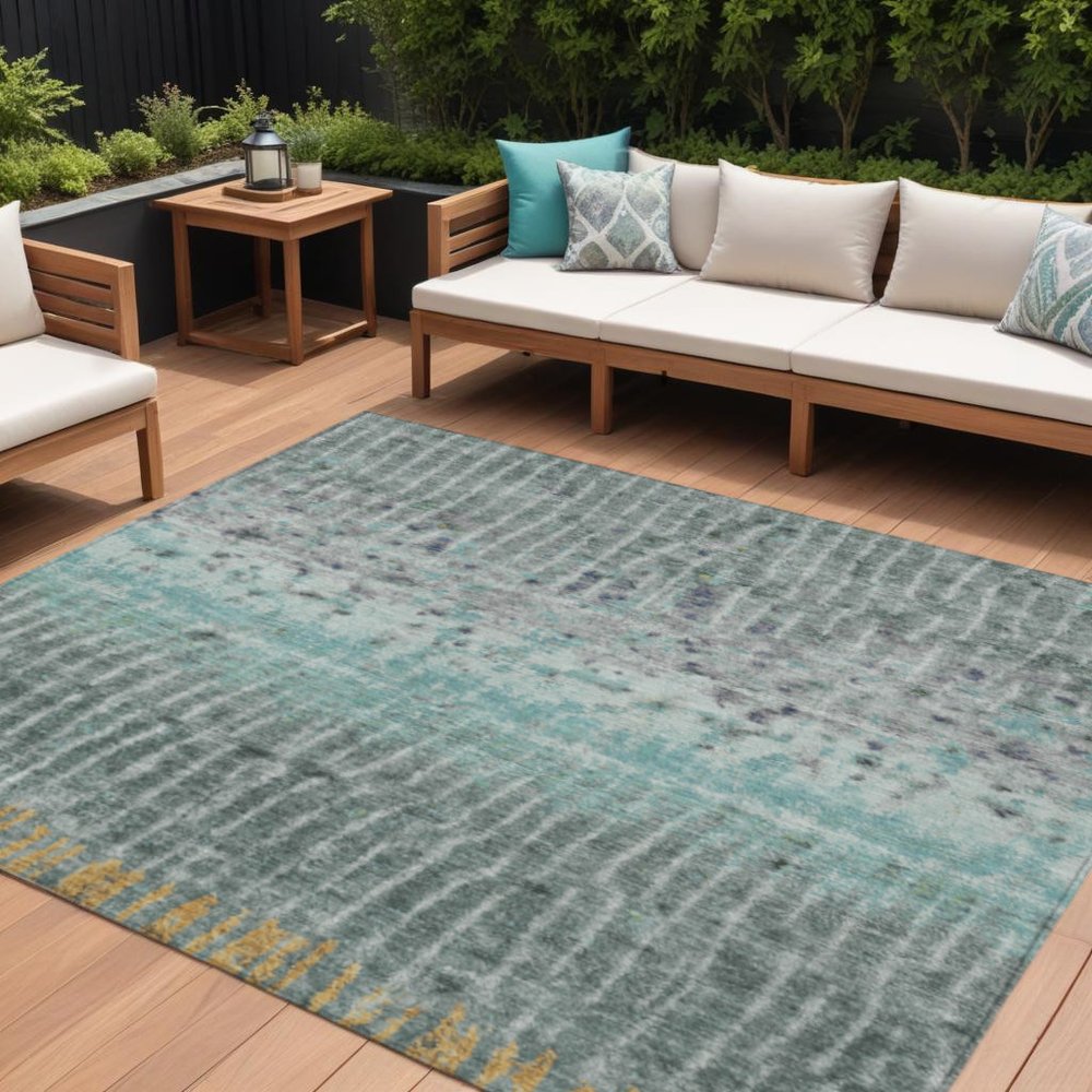 9' X 12' Teal Blue Gold And Gray Abstract Washable Indoor Outdoor Area Rug HomeRoots
