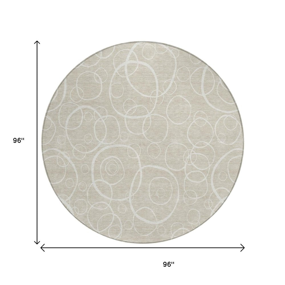 8' Beige And Ivory Round Geometric Washable Indoor Outdoor Area Rug HomeRoots