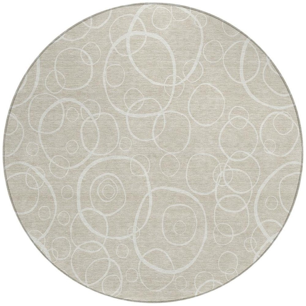 8' Beige And Ivory Round Geometric Washable Indoor Outdoor Area Rug HomeRoots