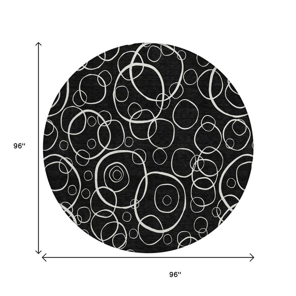 8' Black And Ivory Round Geometric Washable Indoor Outdoor Area Rug HomeRoots