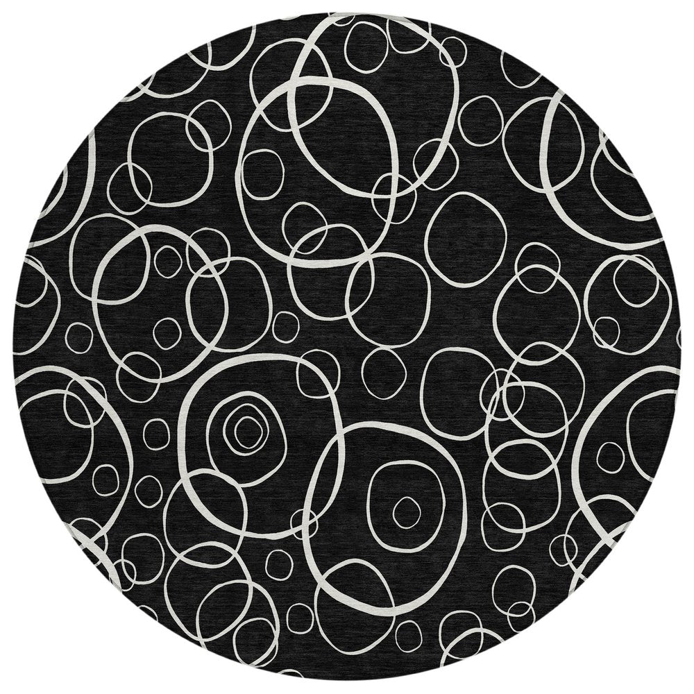 8' Black And Ivory Round Geometric Washable Indoor Outdoor Area Rug HomeRoots