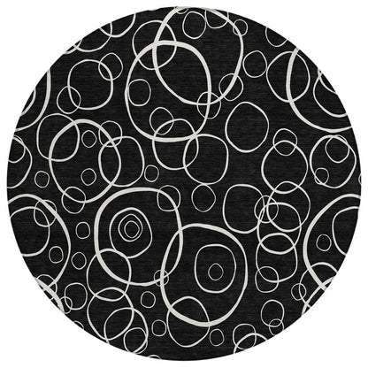 8' Black And Ivory Round Geometric Washable Indoor Outdoor Area Rug HomeRoots