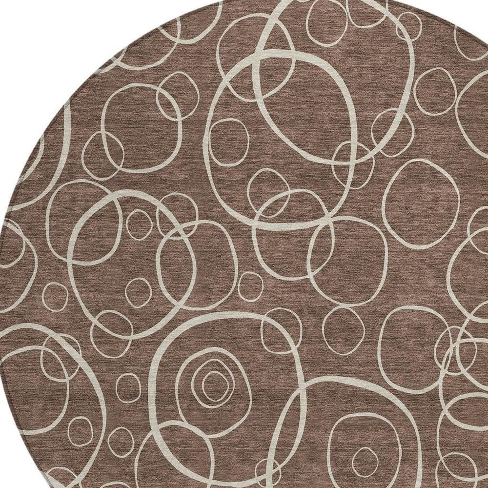 8' Brown And Beige Round Geometric Washable Indoor Outdoor Area Rug HomeRoots