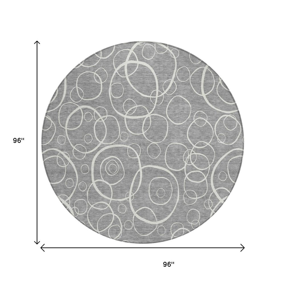 8' Gray And Ivory Round Geometric Washable Indoor Outdoor Area Rug HomeRoots