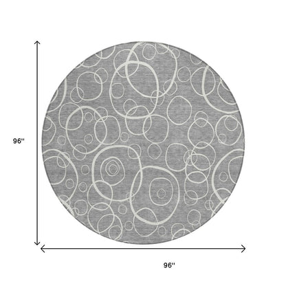 8' Gray And Ivory Round Geometric Washable Indoor Outdoor Area Rug HomeRoots