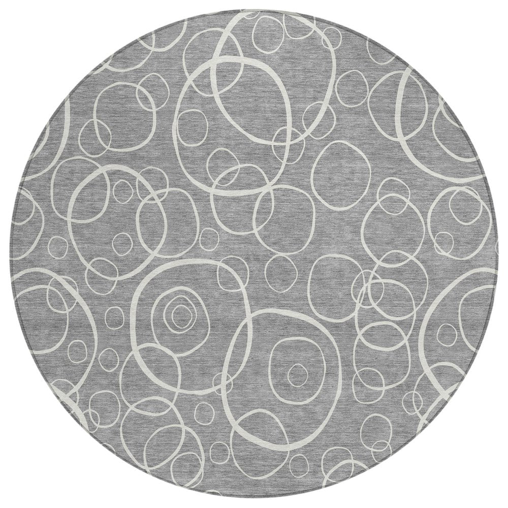8' Gray And Ivory Round Geometric Washable Indoor Outdoor Area Rug HomeRoots