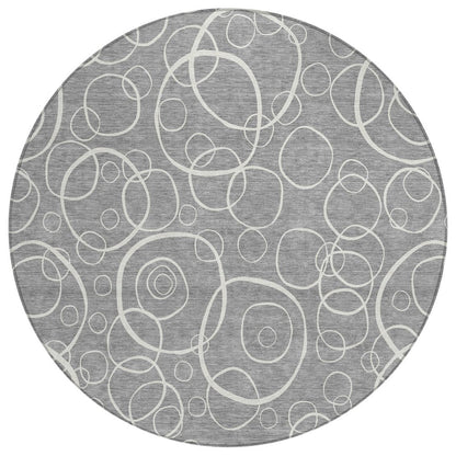8' Gray And Ivory Round Geometric Washable Indoor Outdoor Area Rug HomeRoots