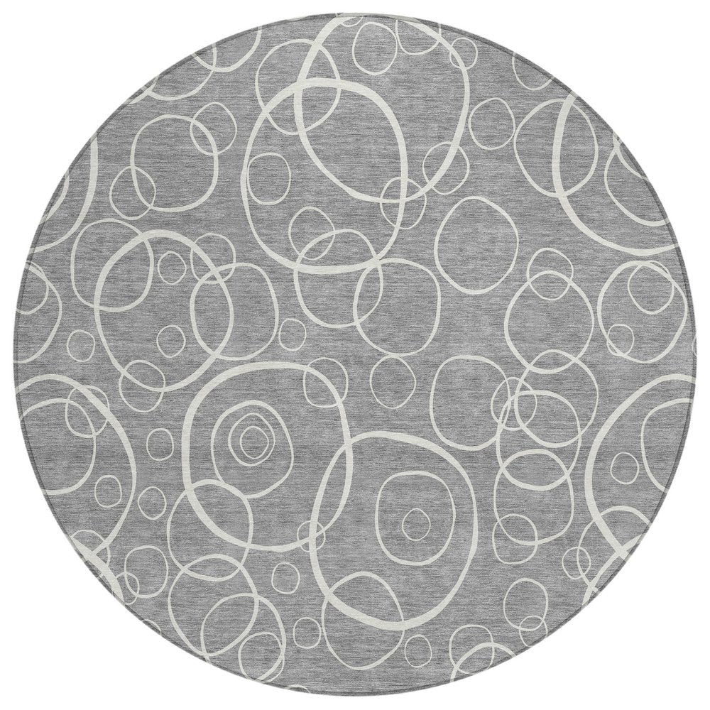 8' Gray And Ivory Round Geometric Washable Indoor Outdoor Area Rug HomeRoots