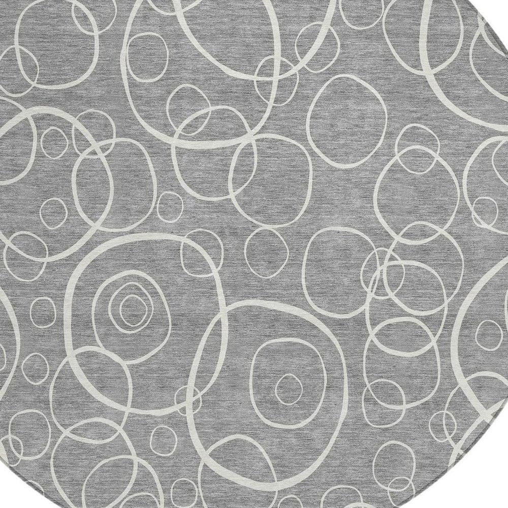 8' Gray And Ivory Round Geometric Washable Indoor Outdoor Area Rug HomeRoots