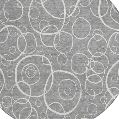 8' Gray And Ivory Round Geometric Washable Indoor Outdoor Area Rug HomeRoots