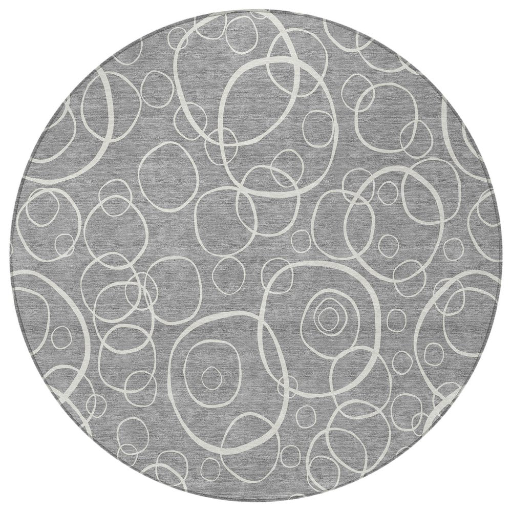 8' Gray And Ivory Round Geometric Washable Indoor Outdoor Area Rug HomeRoots