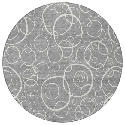 8' Gray And Ivory Round Geometric Washable Indoor Outdoor Area Rug HomeRoots