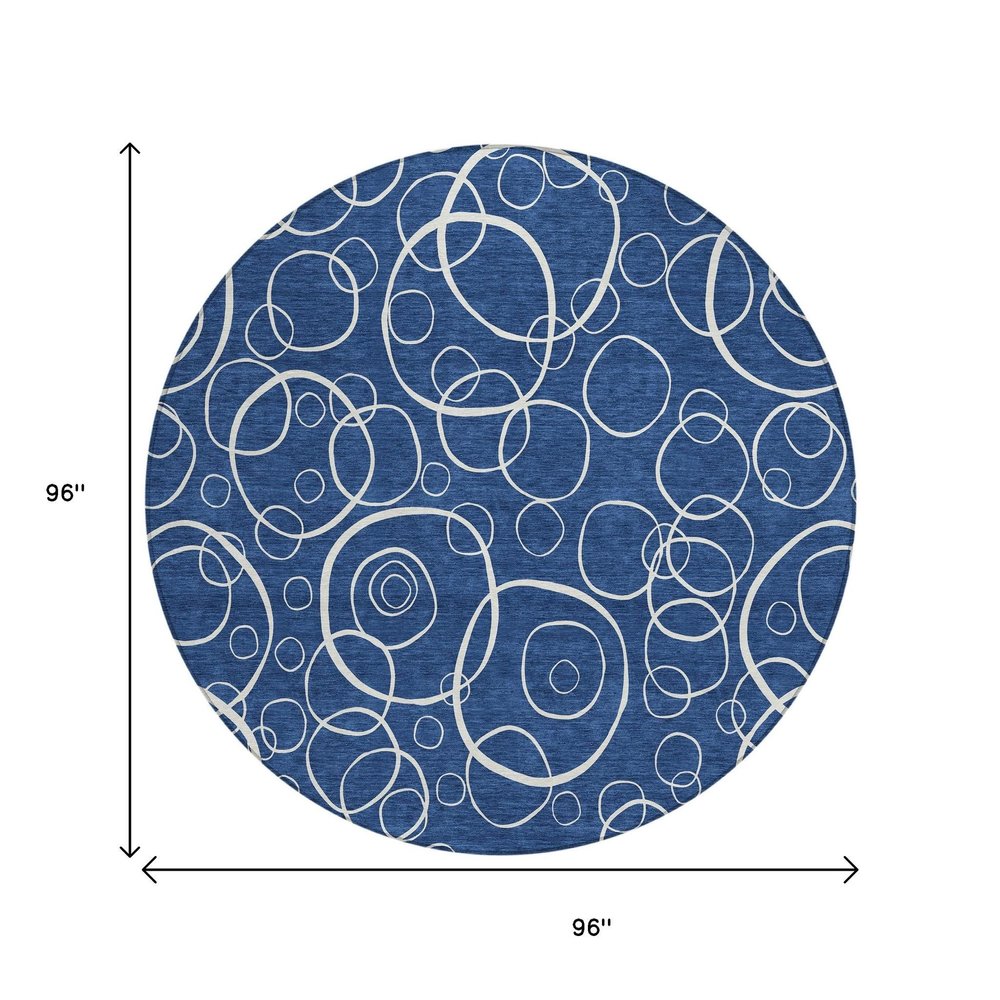 8' Navy Blue And Ivory Round Geometric Washable Indoor Outdoor Area Rug HomeRoots