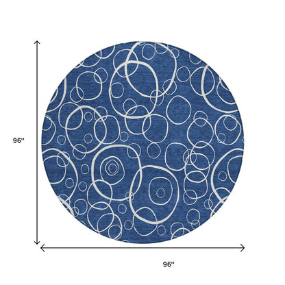 8' Navy Blue And Ivory Round Geometric Washable Indoor Outdoor Area Rug HomeRoots