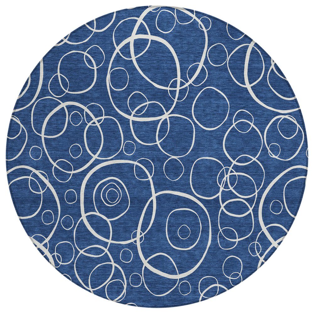 8' Navy Blue And Ivory Round Geometric Washable Indoor Outdoor Area Rug HomeRoots