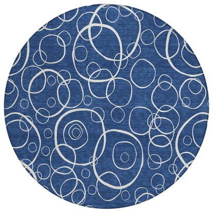 8' Navy Blue And Ivory Round Geometric Washable Indoor Outdoor Area Rug HomeRoots