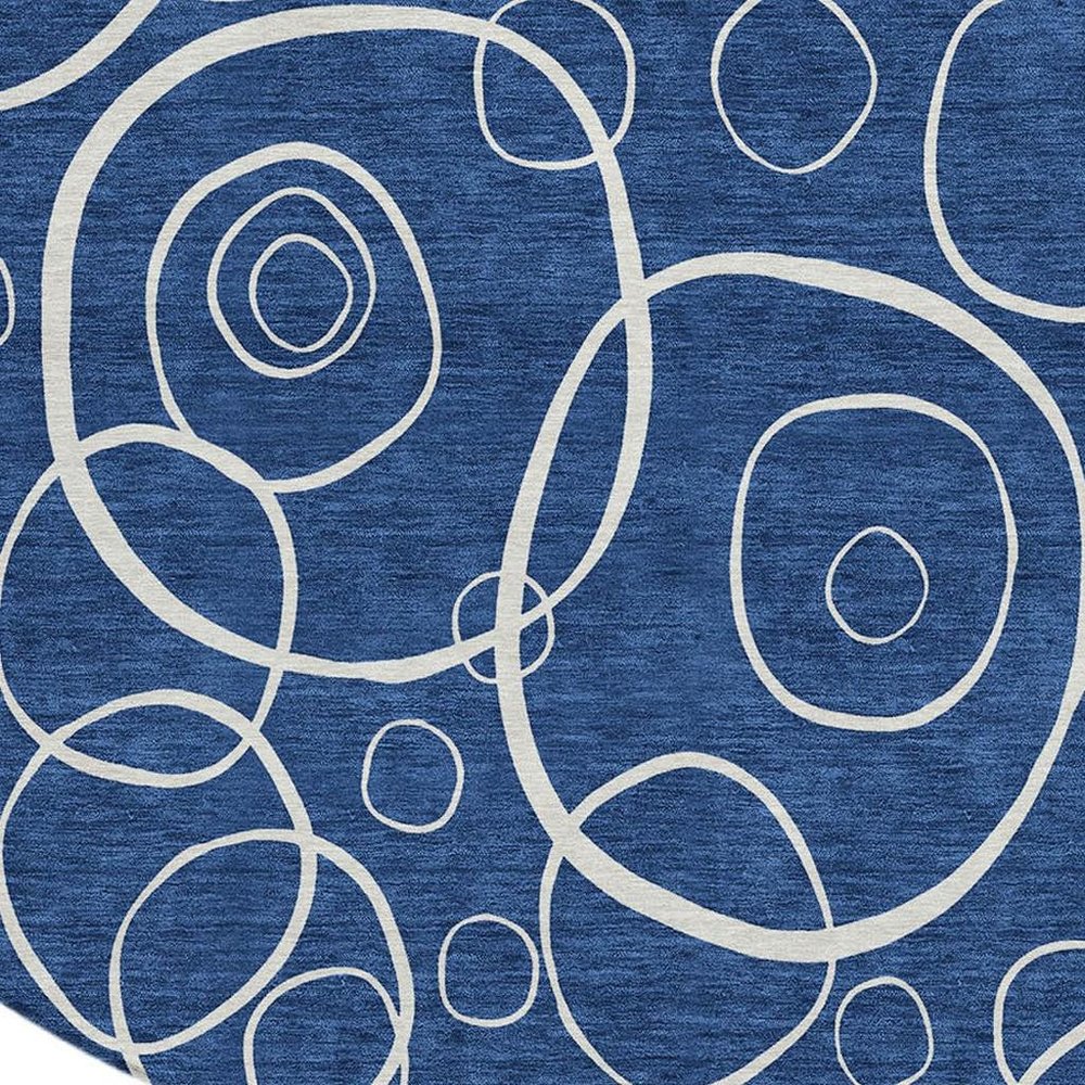 8' Navy Blue And Ivory Round Geometric Washable Indoor Outdoor Area Rug HomeRoots