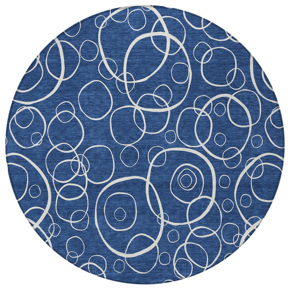 8' Navy Blue And Ivory Round Geometric Washable Indoor Outdoor Area Rug HomeRoots