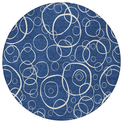 8' Navy Blue And Ivory Round Geometric Washable Indoor Outdoor Area Rug HomeRoots
