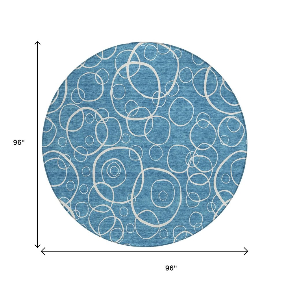 8' Teal Blue And Ivory Round Geometric Washable Indoor Outdoor Area Rug HomeRoots
