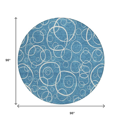 8' Teal Blue And Ivory Round Geometric Washable Indoor Outdoor Area Rug HomeRoots