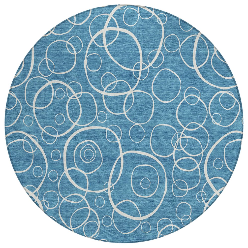 8' Teal Blue And Ivory Round Geometric Washable Indoor Outdoor Area Rug HomeRoots