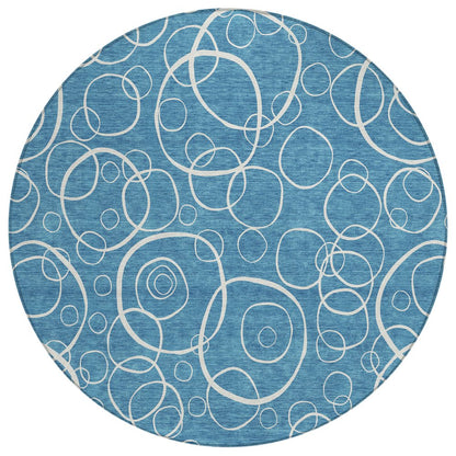 8' Teal Blue And Ivory Round Geometric Washable Indoor Outdoor Area Rug HomeRoots