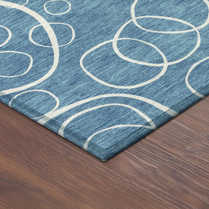 8' Teal Blue And Ivory Round Geometric Washable Indoor Outdoor Area Rug HomeRoots