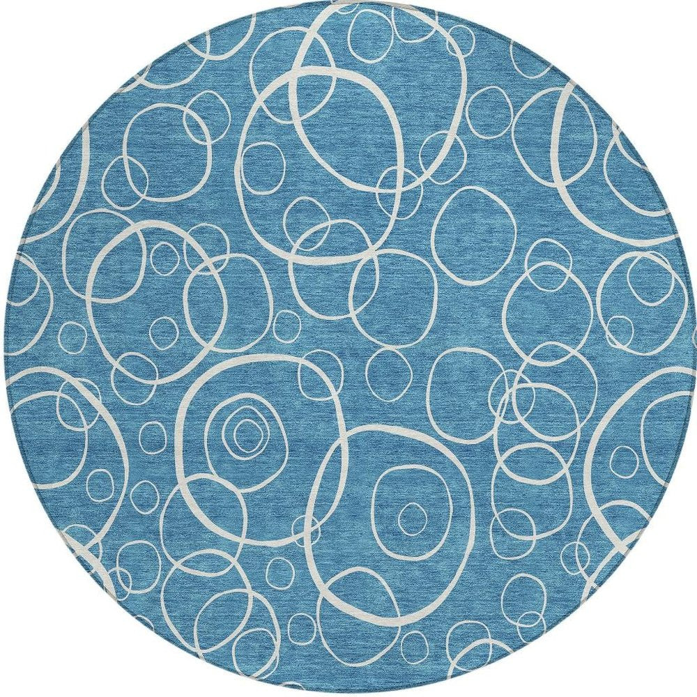 8' Teal Blue And Ivory Round Geometric Washable Indoor Outdoor Area Rug HomeRoots