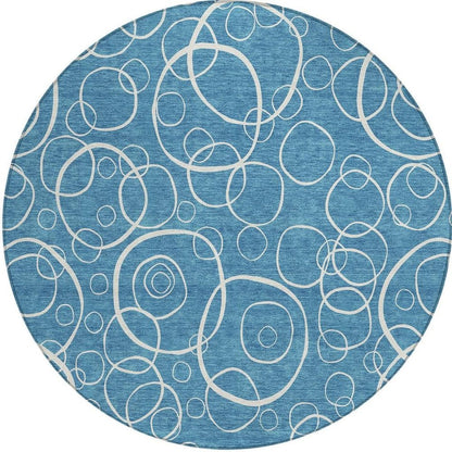 8' Teal Blue And Ivory Round Geometric Washable Indoor Outdoor Area Rug HomeRoots