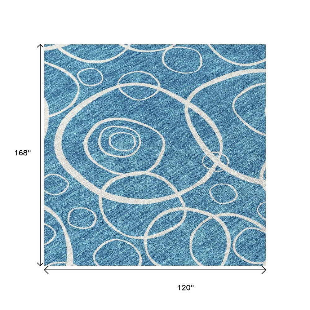 10' X 14' Teal Blue And Ivory Geometric Washable Indoor Outdoor Area Rug HomeRoots