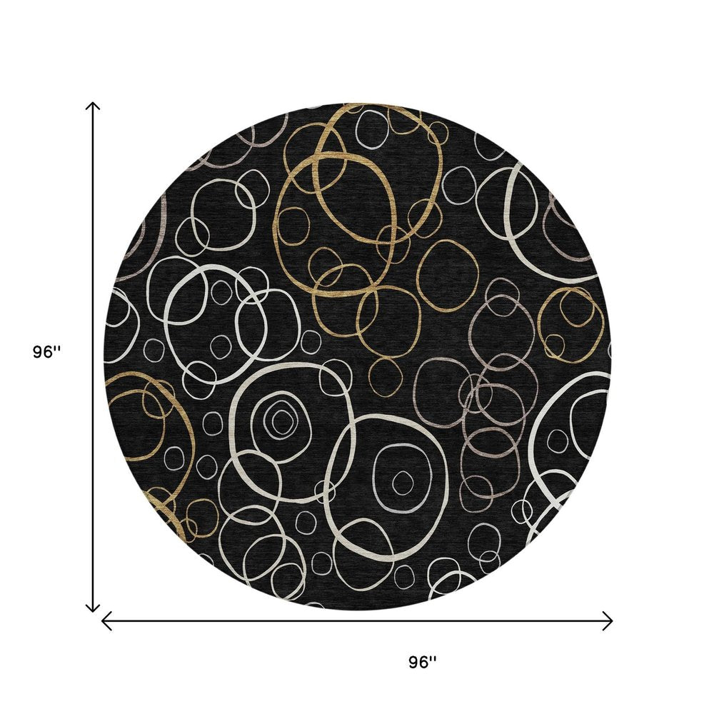 8' Black Ivory And Brown Round Geometric Washable Indoor Outdoor Area Rug HomeRoots