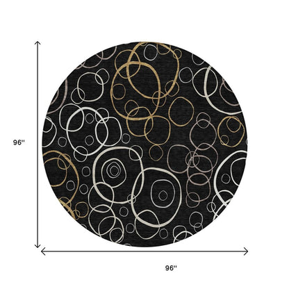 8' Black Ivory And Brown Round Geometric Washable Indoor Outdoor Area Rug HomeRoots