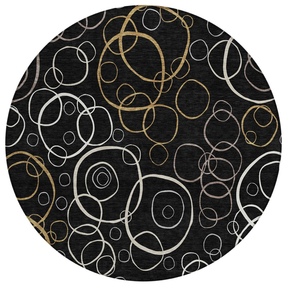 8' Black Ivory And Brown Round Geometric Washable Indoor Outdoor Area Rug HomeRoots
