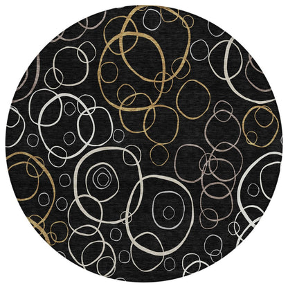 8' Black Ivory And Brown Round Geometric Washable Indoor Outdoor Area Rug HomeRoots