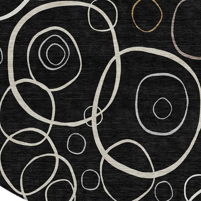 8' Black Ivory And Brown Round Geometric Washable Indoor Outdoor Area Rug HomeRoots