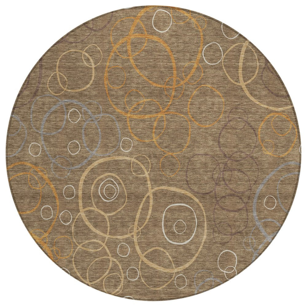 8' Brown Copper And Ivory Round Geometric Washable Indoor Outdoor Area Rug HomeRoots