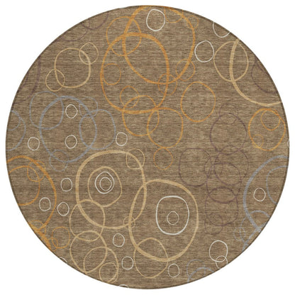 8' Brown Copper And Ivory Round Geometric Washable Indoor Outdoor Area Rug HomeRoots