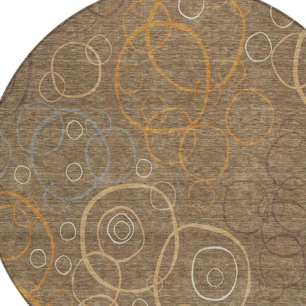 8' Brown Copper And Ivory Round Geometric Washable Indoor Outdoor Area Rug HomeRoots