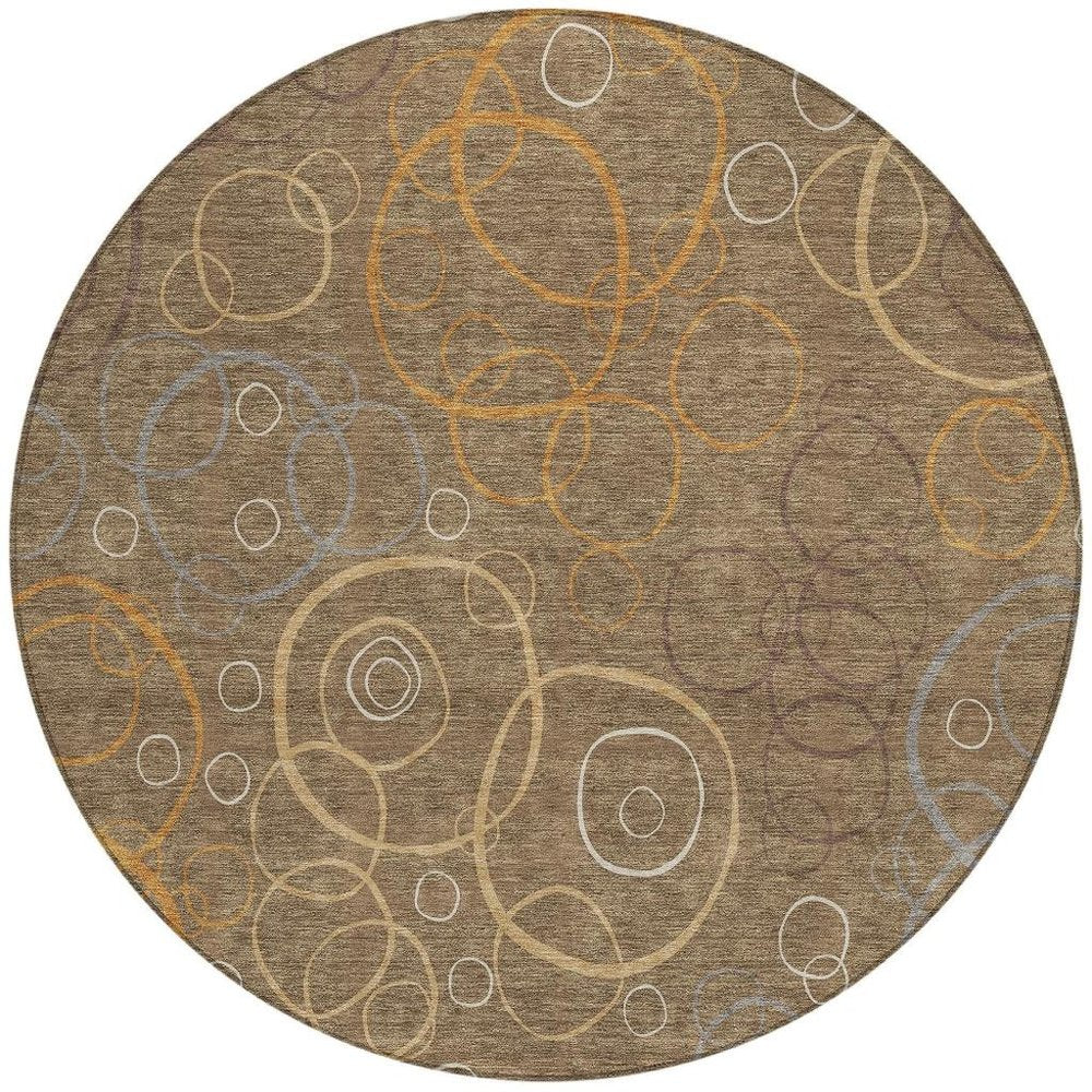 8' Brown Copper And Ivory Round Geometric Washable Indoor Outdoor Area Rug HomeRoots