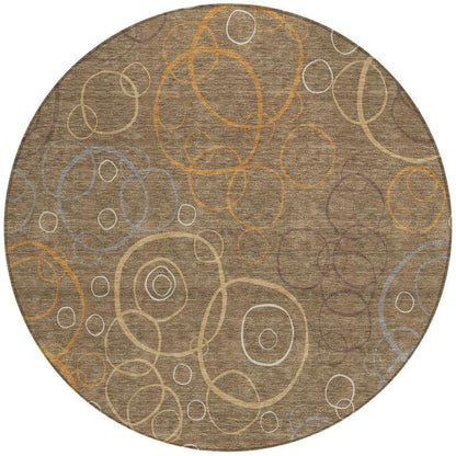 8' Brown Copper And Ivory Round Geometric Washable Indoor Outdoor Area Rug HomeRoots