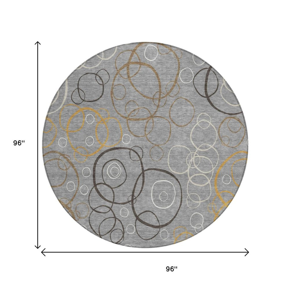 8' Gray Silver And Black Round Geometric Washable Indoor Outdoor Area Rug HomeRoots